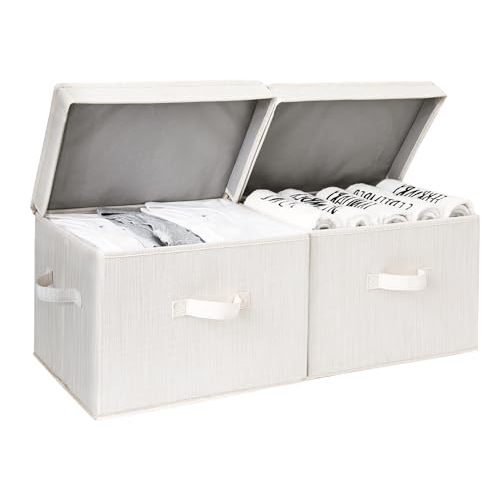 StorageWorks Fabric Storage Bins with Lid, Decorative Storage Boxes for Shelves, Stackable Closet Organizer Basket with Handles, Large, Mixing of Beige, White & Ivory, 2-Pack