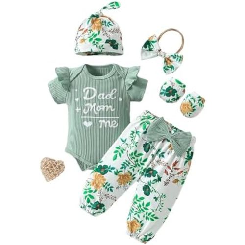 ChuYuKu Newborn Girl Clothes 5Pcs Ruffle Sleeve Soft Romper Cute Spring Flower Pants Set Baby Girls Celebration Gift Outfits