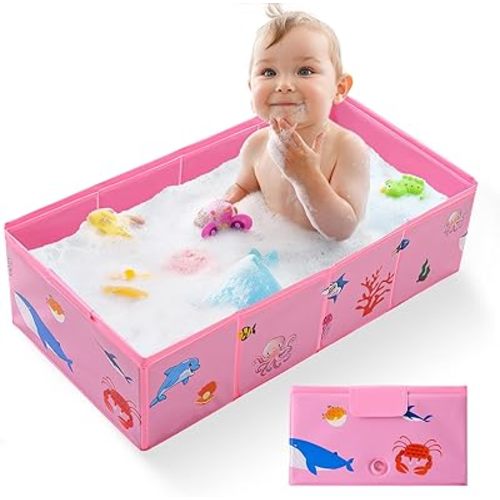 Collapsible Baby Bathtub, Portable Foldable Travel Baby Bath for Infant Toddler, Converts Shower to Tub, No Assembly Folds Flat for Storage, 6M-5 Years, Pink