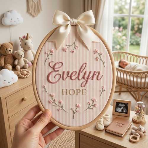 Personalized Fabric Applique Baby Name Pink Stripe Hoop, Nursery Baby Room Decor, Baby Shower Gift, Floral Embroidered Hoop, New Mom Gift