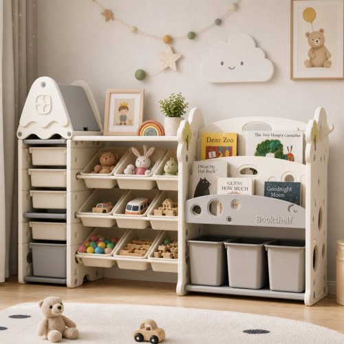 Isabelle & Max™ Kids Toy Storage Organizer, 4-Tier Bookshelf with 17 Removable Bins, Multi-Purpose Toy Shelf for Playroom Bedroom Nursery Living Room, Cream | Wayfair
