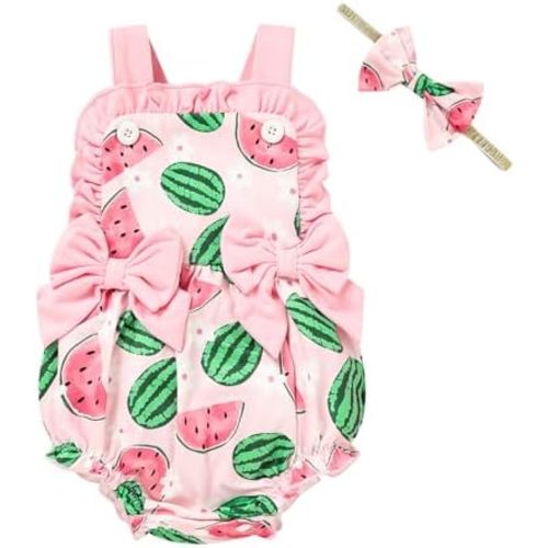 GRNSHTS Baby Girl Summer Romper Infant Floral Fruit Print Clothes Toddler Ruffles Bodysuit Sleeveless Strap One Piece Outfits
