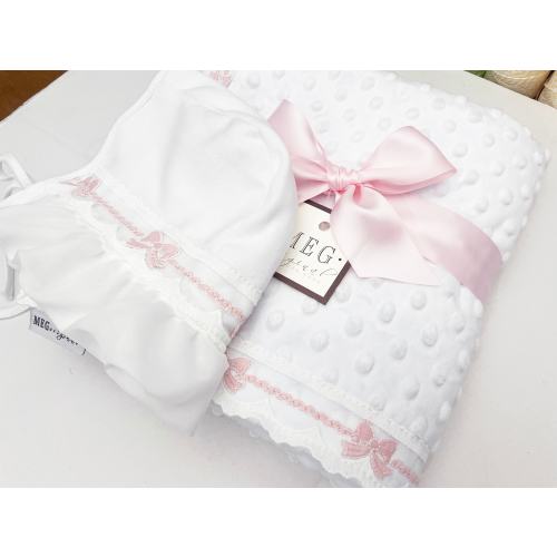 Baby Girl Gift Set { Minky Blanket + Bonnet } White & Pink with Delicate Pink Bow Trim Finishing from the Heirloom Collection