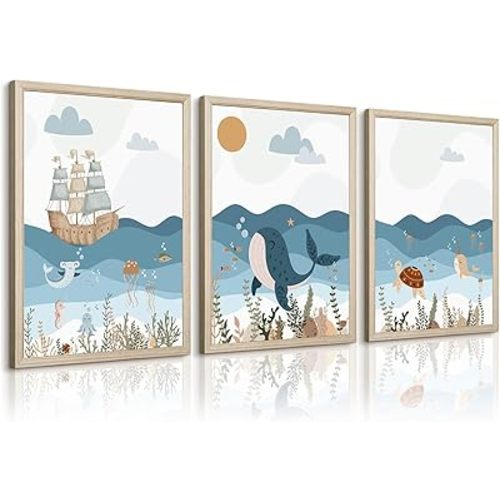 Ocean Nursery Wall Art Pictures Blue Nautical Canvas Art Beach Animal Wall Decor Baby Boys Room Wall Art Sea Whale Prints Ocean Nautical Poster for Nursery Baby Room 16x24 Inch Set of 3 Wood Framed