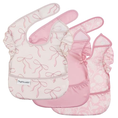 Tiny Twinkle Mess-Proof Baby Bibs for Eating | Waterproof, Wipeable Toddler Bibs with Catch-All Pocket | Feeding Bibs for Girls & Boys(3 Pack,Toile,Bows)
