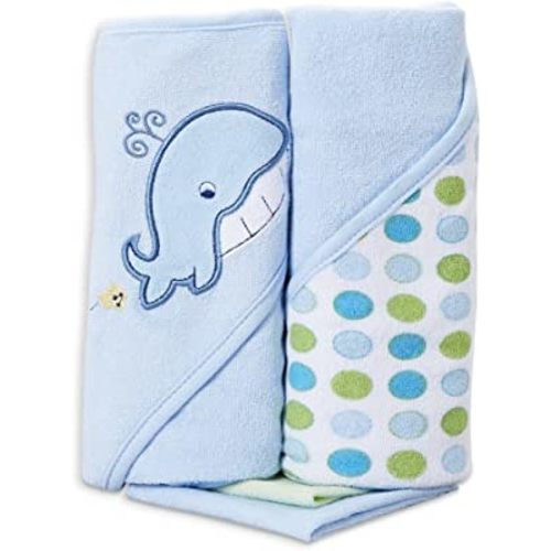 Spasilk Bath Hooded Towels & Washcloths Set for Babies, 2 Hooded Terry Bath Towels & 2 Washcloths, Blue Whale
