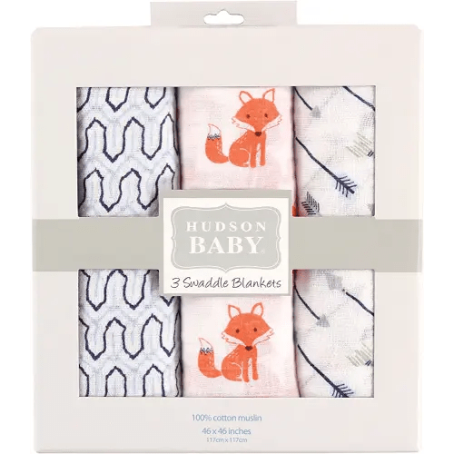 Hudson Baby Unisex Baby Cotton Muslin Swaddle Blankets, Foxes, 3-Pack