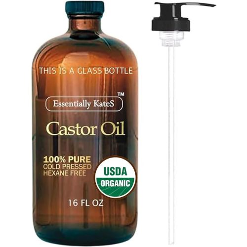 Essentially KateS Castor Oil 16 Fl Oz (Glass Bottle) - 100% Cold Pressed - USDA Organic Certified - Skin Care, Nail Care, Hair Care and Body Care