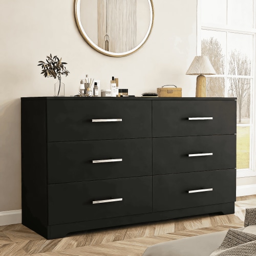 Enyopro Dresser for Bedroom, Wood 6 Drawer Dresser Storage Drawer, Black Living Room Hallway Closets Drawer Chest