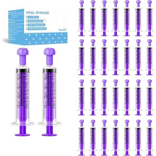30Pcs 5ml Children Oral Syringes, Liquid Plastic Syringe,Colorful Measuring Tools Individually Sealed for Feeding,Baby Medicine Syringes with Caps(Purple)
