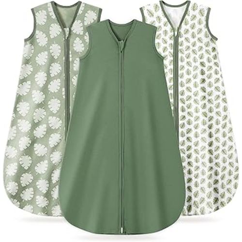 Baby Sleep Sack 6-12 Months, 100% Organic Cotton Wearable Blanket for Babies, 2-Way Zipper TOG 0.5 Lightweight Breathable Baby Sleeping Bag, 4 Sizes-M Leaf＆Green