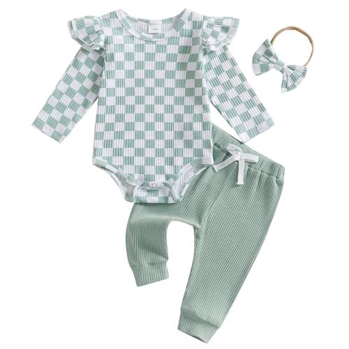 Hnyenmcko Newborn Baby Girl Fall Outfits Rib Frill Long Sleeve Ruffled Romper Solid Pants Headband Set 3Pcs Winter Clothes