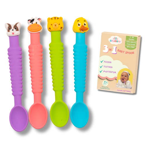 3-in-1 Silicone Baby Spoon Self Feeding 6+ Months - Pediatric OT Designed Teether Spoon, BPA Free Toddler Utensils, Mess-Free, Fun for Baby Led Weaning Supplies, Complete Set