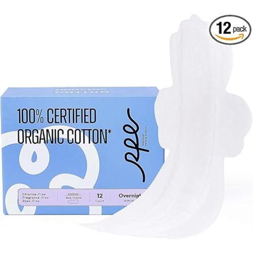 RPE Life 100% GOTS Organic Cotton Overnight Pads, Size 5, 12 Count | Size 5 overnight pads with wings; ultra thin, breathable, unscented protection for heavy flow and nighttime use.