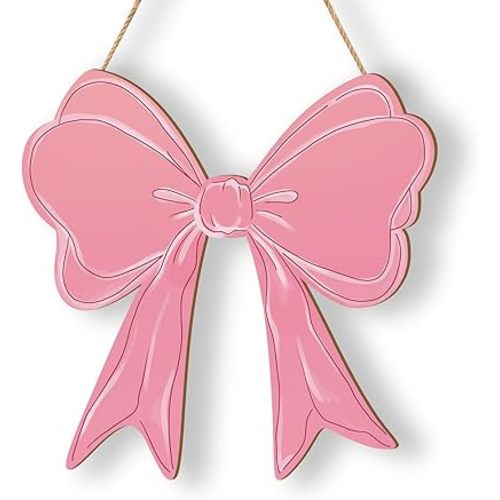 KOYILTD Pink Bow Decor Cute Bow Wooden Hanging Sign Pink Room Decoration Wooden Coquette Wall Art Preppy Room Decor for Home Bedroom Living Room Nursery (Relaxing)