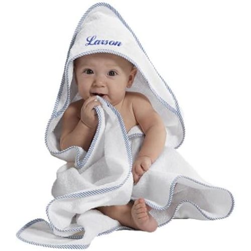 Custom Personalized Embroidered Cotton White w/ Blue Bath Baby Hooded Towel