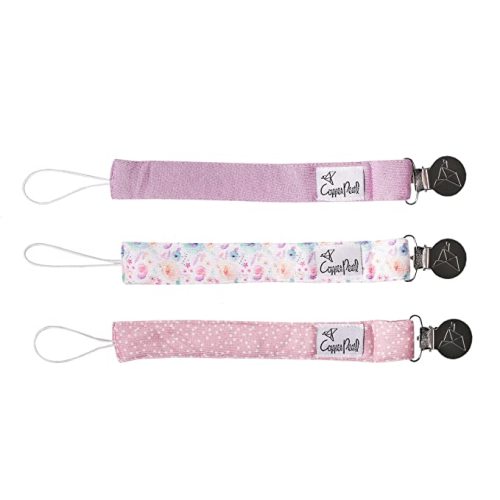 Copper Pearl Premium Knit Pacifier Clips 3-Pack: Stylish Stainless Steel Holders for Baby Girls and Boys - Prevents Floor Drops - Bloom Design