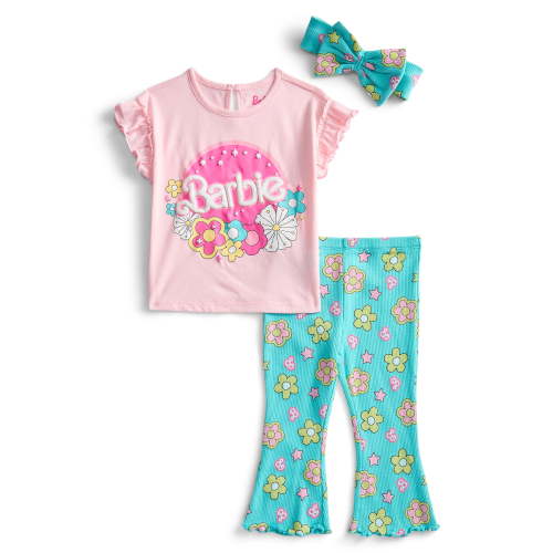 Barbie Baby Girls Ruffle Top and Flare Leggings with Bow Headband Set, 3-Piece, Sizes 0/3M-24M