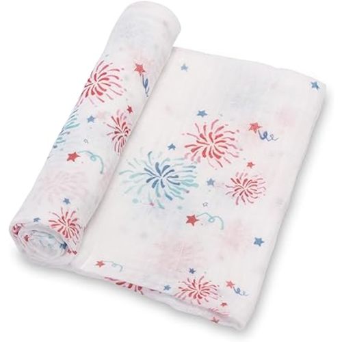LollyBanks Swaddle Blanket 100% Cotton, Muslin Swaddle Blankets Lightweight, Soft Baby Swaddle Blanket 47 x 47 inches, Baby Essentials, Registry and Gift (Fireworks Print)