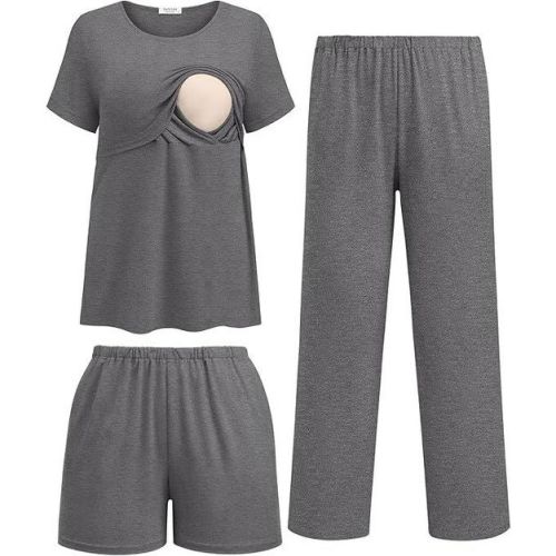 Ekouaer 3 Piece Postpartum Nursing Pajamas Set Short Sleeve Breastfeeding Shirts Pregnancy Shorts & Pants Maternity Pjs Dark Gray L
