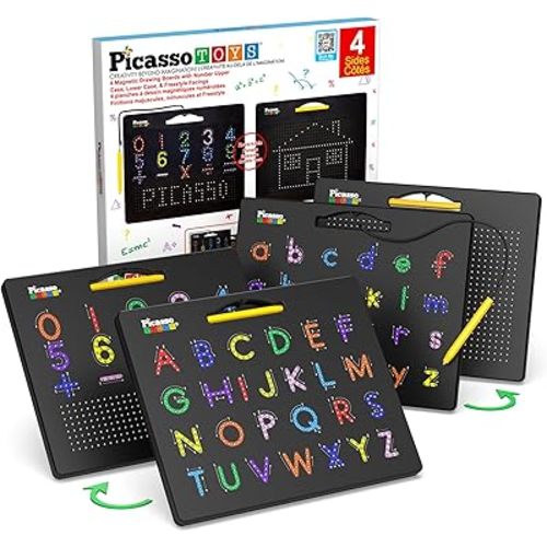 PicassoTiles 2PK 4-in-1 Magnetic Drawing Board 12x10 inch Large Magnet Tablet Pad with 4 Facings Lowercase & Uppercase Alphabets, Numbers, & Freestyle STEM Learning Writing Reading Playboard PTB06