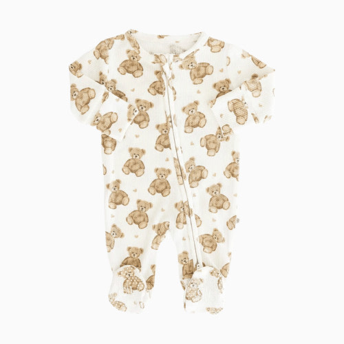 Caden Lane Bamboo Waffle Zipper Footie - Beary Sweet, 3-6 M