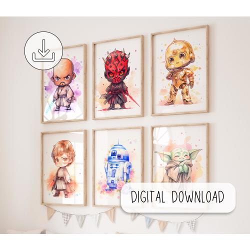 Cute Chibi Star Wars Characters - Nursery Room Decor - Set of 6 Starwars Printable Posters - Baby Room Decor - Watercolor Digital Print
