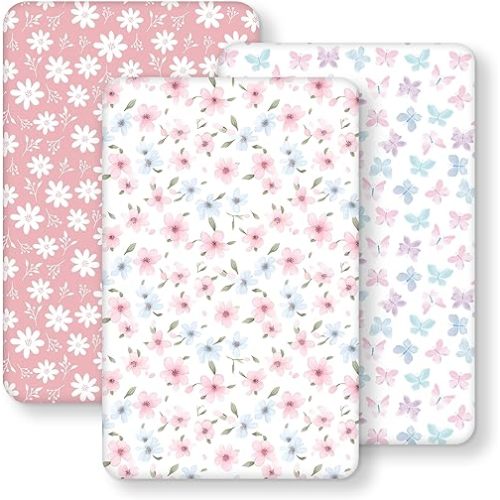 Baby Bedside Bassinet Sheets Girl, 33”x20” Compatible with Baby Delight Dream On Me & Most Rectangle Bedside Sleeper Bassinet Mattress, Super Soft Microfiber Pink Butterfly Flower