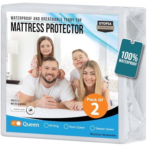Utopia Bedding Waterproof Mattress Protector Queen Size 2 Pack, 200 GSM Breathable Terry Mattress Cover, Fitted Style with Stretchable Pockets (White)