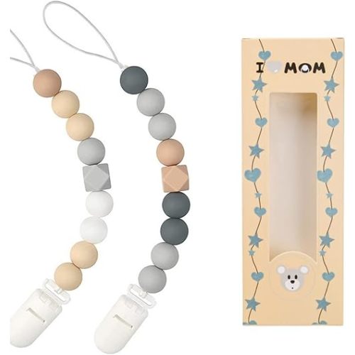 Pacifier Clips for Baby Boys Girls Silicone Beads Pack of 2 Soft Flexible Binky Clips(Grey+Blue)