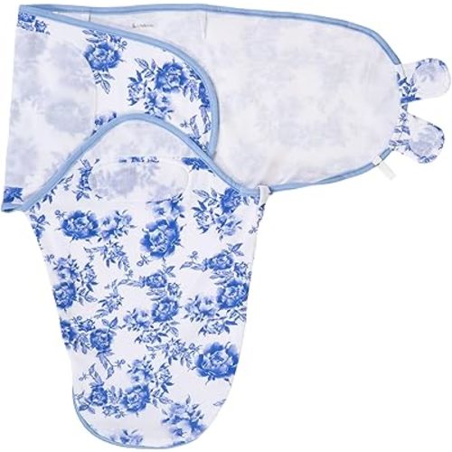 LollyBanks Swaddle Sack, 100% Organic Cotton Baby Swaddle for Girls 0-3 Months, Soft and Breathable Newborn Sleep Sack with Easy Change Zipper, Lightweight Baby Wrap, Registry (Blue Peony Print)