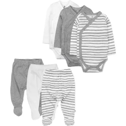 6 Pack Organic Cotton Long Sleeve Side Snap Kimono Bodysuits and Footed Pants Multi Pack(Sketchy Stripe) - HonestBaby