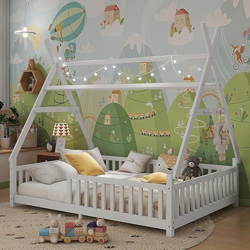 Teepee Floor Bed for Kids, Full Size Montessori Beds with Rails, Detachable Floor Tent Bed with Slats and Hanging Rack, Wood House Bedframe for Boys Girls, White