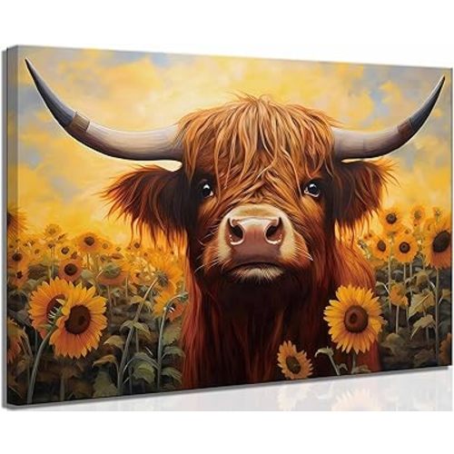 Highland Cattle Canvas Wall Art Cute Scottish Cow and Sunflowers Warm and Soft Color Painting Picture Wall Decor Poster Print Artwork for Bathroom Farmhouse Living Room Office Home Decoration