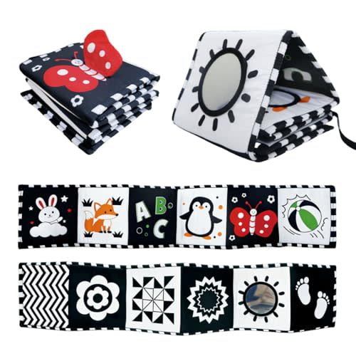 Aila+Aiden Baby Toys, Tummy Time High Contrast Newborn Toys 0-3 Months, Soft Cloth Foldable Baby Book, Visual Stimulation Montessori Sensory Infant Baby Book (Black White and Colorful)