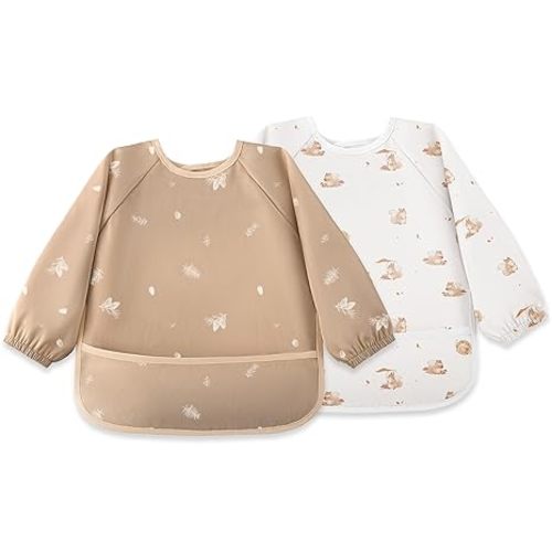 Susurration Waterproof Smock Bib for Eating Long Sleeve Bibs for Kids, Boy or Girl, 2 Pack Waterproof Bibs with Large Food Catcher, 6-36 Months Baby Eating Essentials - Pinecone