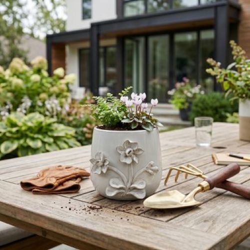 Decorative Ceramic Flower Planter for Home Decor - Ornamental Embrossed Design Indoor and Outdoor Plant Pot for Paito or Home Accent - 7", Ivory