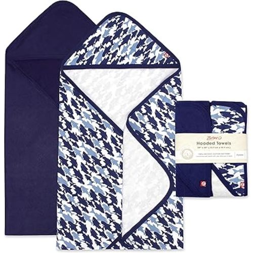 Zutano Hooded Baby Towels, Organic Cotton Baby Bath Towel, Ultra Soft and Absorbent Baby Towel for Newborn and Infant | Girl, Boy, and Unisex Towel Set, Shark Camo, 2-Pack