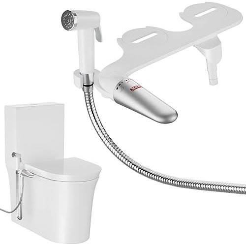 DEANIC 2-in-1 Bidet Attachment with Handheld Bath Bidet Sprayer, Ultra-Slim Adjustable Water Pressure Nozzle, Cold Water Non Electric Hand Sprayer for Toilet Seat (Sliver White)