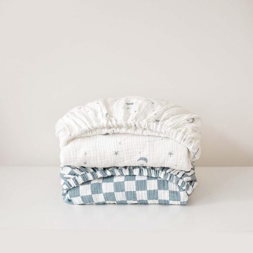 Konssy Muslin Crib Sheets for Boys, Soft Cotton Neutral Baby Sheets for Standard Crib Mattress 2 Pack, 52"x28" (Dreamfield Sky,Baby Blue Plaid)