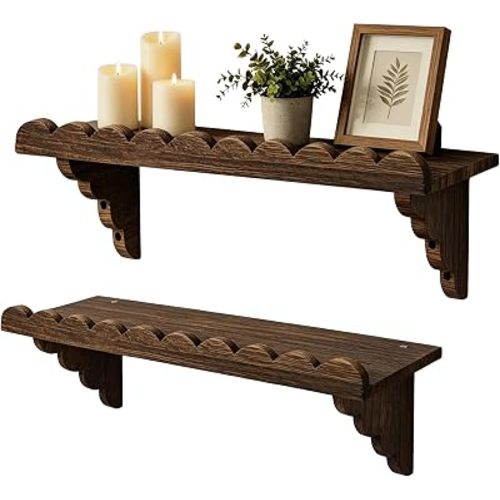 2Pcs Scalloped Wood Wall Shelf–17 Inch Floating Shelf with Wood Brackets