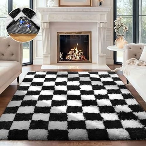 Ophanie Checkered Black & White Rug for Living Room Bedroom,Fluffy Soft Cute Fuzzy Area Rugs,Shag Plush Shaggy Bedside Floor 4x6 Furry Carpet Kids Baby Teen Dorm Decor with Over 99 pcs Pile fibers