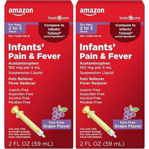 Amazon Basic Care Infants' Pain & Fever,Acetaminophen 160 mg per 5 mL,Suspension Liquid,Dye-Free Grape Flavor,2 fl oz,(Pack of 2)