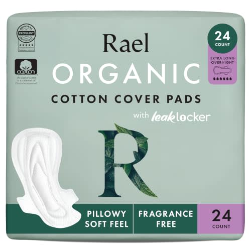 Rael Organic Cotton Cover Sanitary Pads for Women (XL Overnight, 24 Ct) | Ultra Thin Period Pads with Wings for Women, Ultimate Absorbency, Unscented, Chlorine Free, Period Essentials, Feminine Care