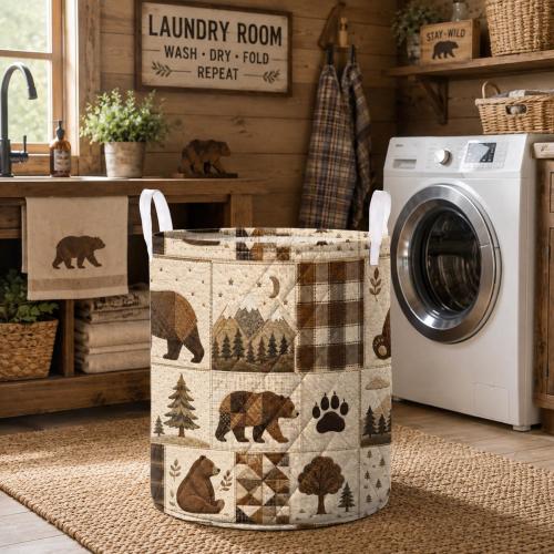 Patchwork Bear Quilt Laundry Hamper, Woodland Nursery Fabric Bin, Rustic Home Decor, Baby Shower Gift