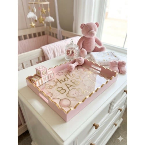 Personalized Baby Girl Nursery Tray | Pink Gold Hello Baby Decorative Shower Gift