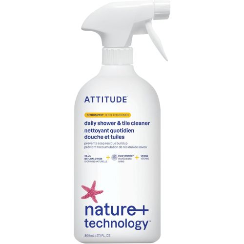 ATTITUDE Shower & Tile Cleaner Spray, EWG Verified, Bathroom Cleaner Removes Soap Scum & Grime, Plant-Based & Vegan, Citrus Zest Scent, 27.1 Fl Oz