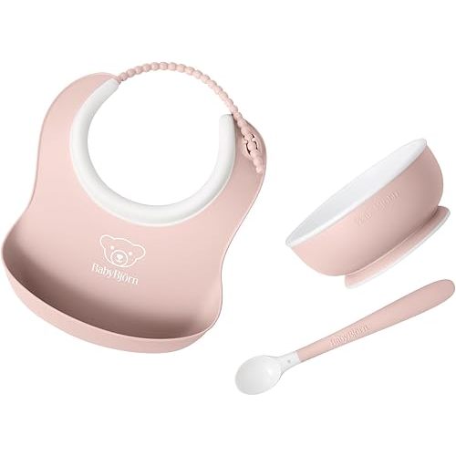 BabyBjörn Baby Feeding Set, 3 pcs, Powder Pink | Includes Baby Plate, Baby Fork, Baby Spoon, and Baby Cup | Dishwasher Safe | Toddler Feeding Set for self-Feeding or Baby-led weaning