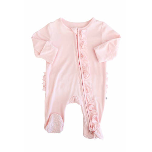 Baby Pink Bamboo Ruffle Zipper Footie