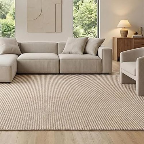 Bedsure 6x9 Faux Wool Area Rugs for Living Room, Machine Washable Carpet, Non-Slip Backing, Pet Friendly Throw Rug for Bedroom Dining Room, Natural Ivory